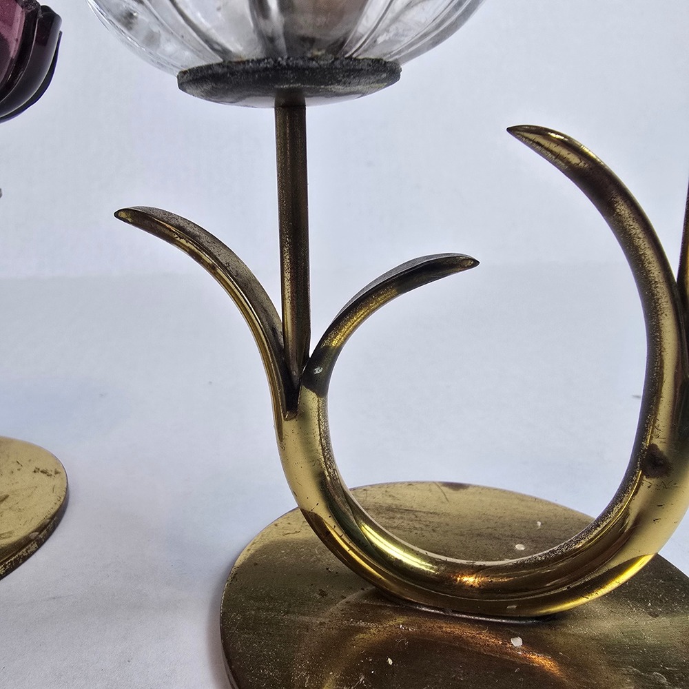 MCM Swedish Gunnar Ander Ystad Metall Brass Art Glass Flower Candle Holders Pair - Picture 8 of 9